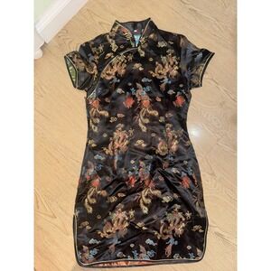 Fu Tang Dragon Phoenix Embroidered Satin Cheongsam Qipao Dress Black Medium